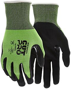 Mcr Safety 92785Nfm Gloves Cutpro A5 18 Gauge, Hi Vis Green Shell, Black Foam Nitrile Coated Palm/Fingers, Reinforced Thumb Crotch, A5, Abr4, P3, Size Medium