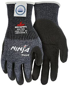 Mcr Safety N96780S Gloves "Ninja Wave" 13 Gauge Black/White Speckled Dyneema/Diamond Technology Shell, Black Nitrile Wave On Palm And Fingers, Ansi Cut A3, Abr 5, Puncture 4, Dexterity 5, Size Small
