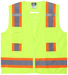 Mcr Safety V2200S “Luminator”, Class 2, Solid Front/Mesh Back, 4 1/2” Orange/2” Silver, Zipper, Mic Tab, 7 Pockets, Yellow, Size Small