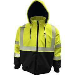 Reflective Apparel 430Ps-Lb-Sm Class 3 Heavy-Duty Water-Resistant Bomber Jacket With Breakaway Snap Off Hood, Yellow/Black, Size Small