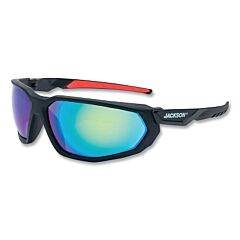 Jackson Safety 45106 Hyperguard Safety Glasses, Green Mirror, Polycarbonate, Hard Coated, Black Full Frame, Red Temple