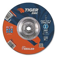 Weiler 58033 Tiger® Zirc Cutting Wheel, 7 In Dia, 0.060 In Thick, 5/8 In-11 Unc Arbor, Zirconia Alumina,Type 27, Z60T