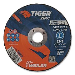 Weiler 58069 Tiger® Grinding Wheel, 4 In Dia, X 1/4 In Thick, 5/8 In Arbor, 24 Grit, Zirconia/Ceramic Alumina, Type 27