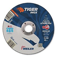 Weiler 58129 Tiger® Inox Grinding Wheel, 6 In Dia, 1/4 In Thick, 5/8 In-11 Arbor, 24 Grit