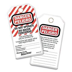 Master Lock 497Ax Do Not Operate Safety Tags, Spanish/English, 3-1/8 In W, 5-3/4 In H, White/Black/Red