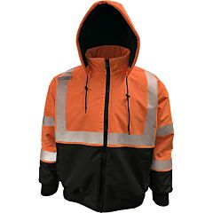 Reflective Apparel 430Ps-Ob-Lg Class 3 Heavy-Duty Water-Resistant Produck Bomber Jacket With Breakaway Snap Off Hood, Hi-Vis Orange/Black, Size Large