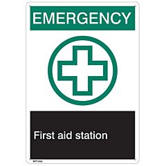 Brooks Rp144A "Emergency First Aid", Rigid Plastic Sign, 7" X 10"