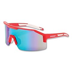 Jackson Safety 60008 Maxview+ Safety Glasses, Green Mirror, Polycarbonate, Hard Coated, Anti-Scratch, Red Half Frame, Red/White Temple