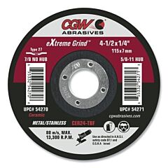 Cgw Abrasives 54273 Extreme Grind Type 27 Grinding Wheel, 5 In Dia, 1/4 In Thick, 5/8 In - 11 Arbor, 24 Grit, Ceramic
