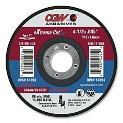 Cgw Abrasives 54294 Extreme Cut Ss Type 27 Ceramic Cutting Wheel, 4-1/2 In Dia, 0.045 In Thick, 5/8 In -11 Arbor, 46 Grit