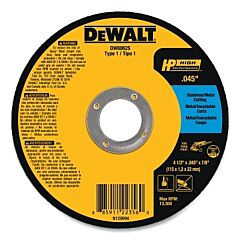 Dewalt Dw8062S High Performance Cutting Wheel, Type 1, 4-1/2 In Dia X 0.045 In Thick X 7/8 In Arbor, 60 Grit, Aluminum Oxide