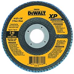 Dewalt Dw8250 Xp Extended Performance Flap Disc, 4-1/2 In Dia, 40 Grit, 7/8 In Arbor, 13300 Rpm, T27