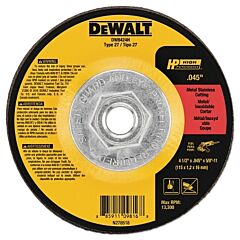 Dewalt Dw8424H High Performance Cutting Wheel, Type 27, 4-1/2 In Dia X 0.045 In Thick X 5/8 In-11 Arbor, 60 Grit, Aluminum Oxide