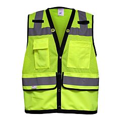 Reflective Apparel 587Et-Lm-3X Class 2 Twelve Pocket Mesh Surveyors Vest With Black Trim, Yellow, Size 3X-Large