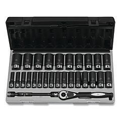 Grey Pneumatic 82229Md Duo-Socket® Impact Socket Set, 1/2 In Dr, 12-Pt, Deep, Incl (26) Metric Skts/Ratchet/Exts/Case, 29 Pc