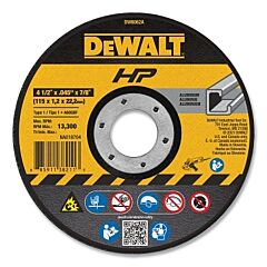 Dewalt® Dw8062A High Performance™ Cutting Wheel, Type 1, 4-1/2 In Dia X 0.045 In Thick X 7/8 In Arbor, 60 Grit, Al Oxide, Non-Ferrous Metals