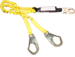 French Creek 442Asn Stretch Style 6' Dual-Leg Shock Absorbing 1" Web Lanyard, #74N Locking Snap One End, #69N (1 3/4" Opening) Snaps Other Ends