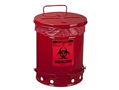 Justrite 05930R Biohazard Waste Can, 10 Gallon, Foot-Operated Self-Closing Cover, Red