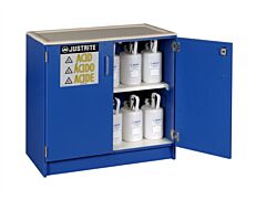 Justrite 24140 Wood Laminate Corrosives Undercounter Safety Cabinet, Capacity Thirty-Six 2-1/2 Ltr Bottles, 2 Dr, Blue