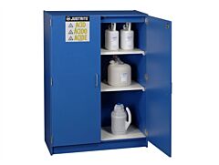 Justrite 24150 Wood Laminate Corrosives Safety Cabinet, Capacity Forty-Nine 2-1/2 Liter Bottles, 2 Doors, Blue