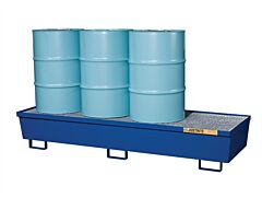 Justrite 28612 Steel Pallet W/Galvanized Steel Bar Grating, Forklift Pockets, 4-Drum In-Line, Blue Powder Finish