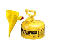 Justrite 7110210 Type I Steel Safety Can For Flammables, Funnel 11202Y, 1 Gallon, Stainless Steel Flame Arrester, Self Closing Lid, Yellow