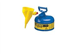 Justrite 7110310 Type I Steel Safety Can For Flammables, Funnel 11202Y, 1 Gallon, Stainless Steel Flame Arrester, Self Closing Lid, Blue
