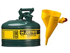 Justrite 7110410 Type I Steel Safety Can For Flammables, Funnel 11202Y, 1 Gallon, Stainless Steel Flame Arrester, Self Closing Lid, Green