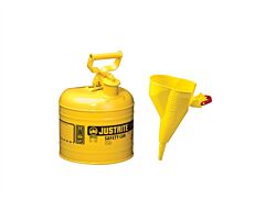 Justrite 7120210 Type I Steel Safety Can For Flammables, Funnel 11202Y, 2 Gallon, Stainless Steel Flame Arrester, Self Closing Lid, Yellow