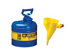 Justrite 7120310 Type I Steel Safety Can For Flammables, Funnel 11202Y, 2 Gallon, Stainless Steel Flame Arrester, Self Closing Lid, Blue
