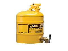 Justrite 7150250 Type I Shelf Safety Can, 5 Gallon, Bottom 08902 Faucet, Stainless Steel Flame Arrester, Steel, Yellow