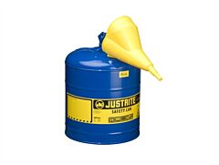 Justrite 7150310 Type I Steel Safety Can For Flammables, Funnel 11202Y, 5 Gallon, Stainless Steel Flame Arrester, Self Closing Lid, Blue