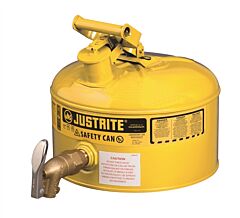 Justrite 7225250 Type I Shelf Safety Can, 2.5 Gallon, Bottom 08902 Faucet, Stainless Steel Flame Arrester, Steel, Yellow