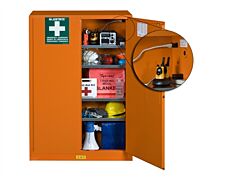 Justrite 860002 Emergency Preparedness Storage Cabinet, Powerport Electrical Pass-Thru, 4 Shelves, 2 Keys, Orange.