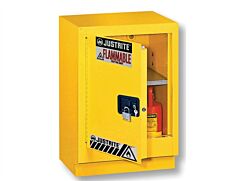 Justrite 882414 Under Fume Hood Solvent/Flammable Liquid Safety Cabinet, Capacity 15 Gallon, 1 Shelf, 1 Manual Close Left Door, Silver