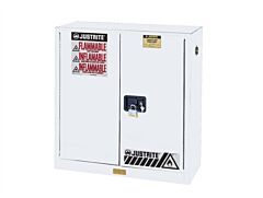 Justrite 893005 Sure-Grip Ex Flammable Safety Cabinet, Dims. 44"H, Capacity 30 Gallon, 1 Shelf, 2 Manual Close Doors, White