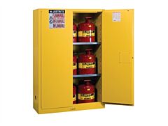 Justrite 8945008 Sure-Grip Ex Safety Cabinet/Can Package, Capacity 45-Gal. Cabinet W/Cans, 2 Shelves, 2 Manual Close Doors, Yellow