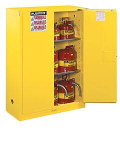 Justrite 894520 Sure-Grip Ex Flammable Safety Cabinet, Capacity 45 Gallons, 2 Shelves, 2 Self-Close Doors, Yellow
