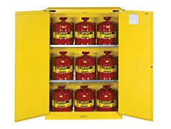 Justrite 8945208 Sure-Grip Ex Safety Cabinet/Can Package, Capacity 45-Gal. Cabinet W/Cans, 2 Shelves, 2 Self-Close Doors, Yellow