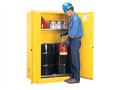 Justrite 899063 Sure-Grip Ex Vertical Drum Safety Cabinet And Drum Rollers, Capacity 60 Gal, 1 Shelf, 2 Manual Close Doors, Gray