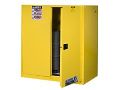 Justrite 899070 Sure-Grip Ex Vertical Drum Safety Cabinet And Drum Rollers, Capacity 60 Gallon, 1 Shelf, 2 Self-Close Doors, Yellow