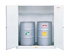Justrite 8991053 Flammable Waste Vertical Drum Safety Cabinet, Steel, Capacity 110-Gallons, 1 Shelf, 2 Manual Close Doors, White