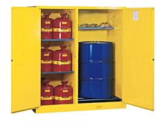 Justrite 899260 Sure-Grip Ex Dbl-Duty Safety Cabinet With Drum Rollers, Partition/Store Drum/Can, 3 Shelves, 2 Manual Close Doors, Yellow