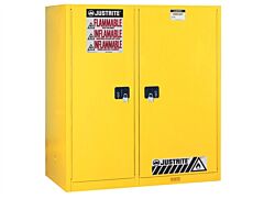 Justrite 899270 Sure-Grip Ex Dbl-Duty Safety Cabinet With Drum Rollers, Partition/Store Drum/Can, 3 Shelves, 2 Self-Close Doors, Yellow