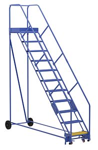 Vestil Lad-11-21-P-Ez Steel Rolling Warehouse Ladder 50 Degree 11 Perforated 23-9/16" Step Width 350 Lb. Capacity, Blue