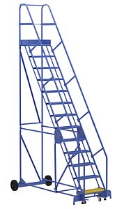 Vestil Lad-13-14-P Steel Rolling Warehouse Ladder 58 Degree 13 Perforated 23-9/16" Step Width 350 Lb. Capacity, Blue