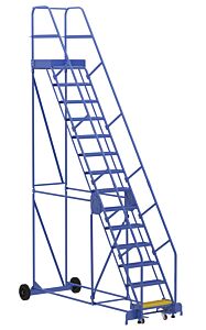 Vestil Lad-14-21-G Steel Rolling Warehouse Ladder 58 Degree 14 Grip Strut 23-9/16" Step Width 350 Lb. Capacity, Blue