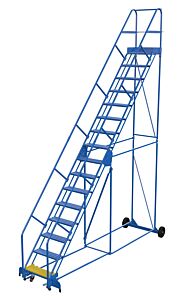 Vestil Lad-16-14-G-Ez Steel Rolling Warehouse Ladder 50 Degree 16 Grip Strut 23-9/16" Step Width 350 Lb. Capacity, Blue
