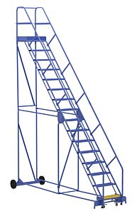 Vestil Lad-16-21-P-Ez Steel Rolling Warehouse Ladder 50 Degree 16 Perforated 23-9/16" Step Width 350 Lb. Capacity, Blue