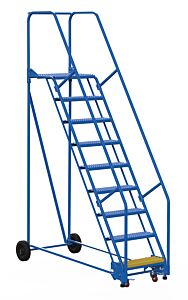 Vestil Lad-9-21-G Steel Rolling Warehouse Ladder 58 Degree 9 Grip Strut 23-9/16" Step Width 350 Lb. Capacity, Blue